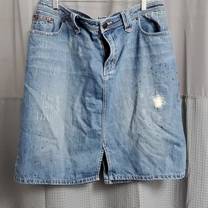 Venezia denim skirt 18, distressed w/ pink‎ beads